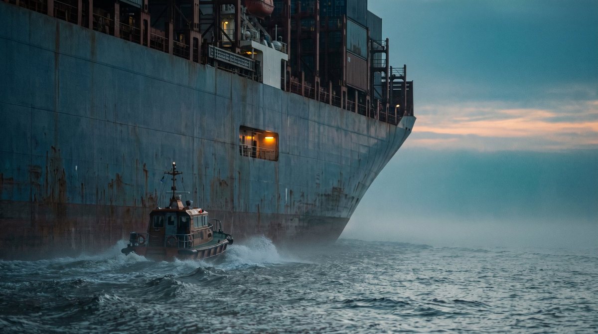 Lotsenboot längsseits eines Frachters – Bildsprache der Website KI Norddeutschland